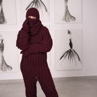 Burgundy Wool Balaclava, Hand Knitted 100 Percent Wool Hood with Open Eyes T2053
