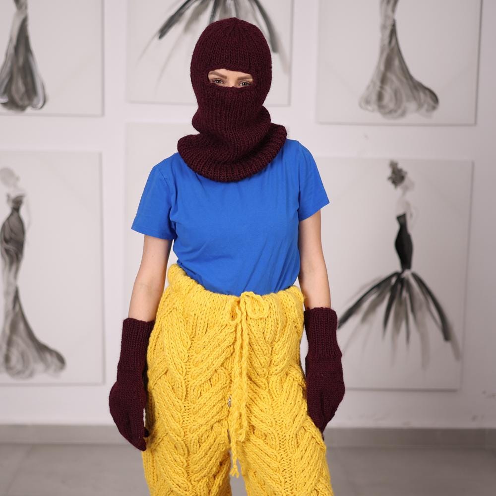 Burgundy Wool Balaclava, Hand Knitted 100 Percent Wool Hood with Open Eyes T2053