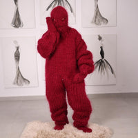 Red 20 Strand Mohair Full Body Catsuit with Gloves, Socks and Balaclava, Overall T2057