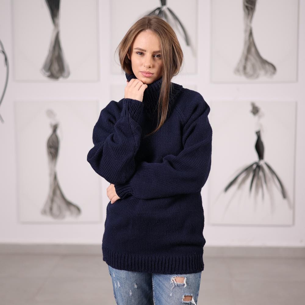 Blue Wool Turtleneck Sweater Handknitted Long-Sleeve Itchy Knit Pullover T2067