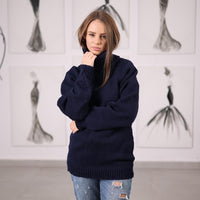 Blue Wool Turtleneck Sweater Handknitted Long-Sleeve Itchy Knit Pullover T2067