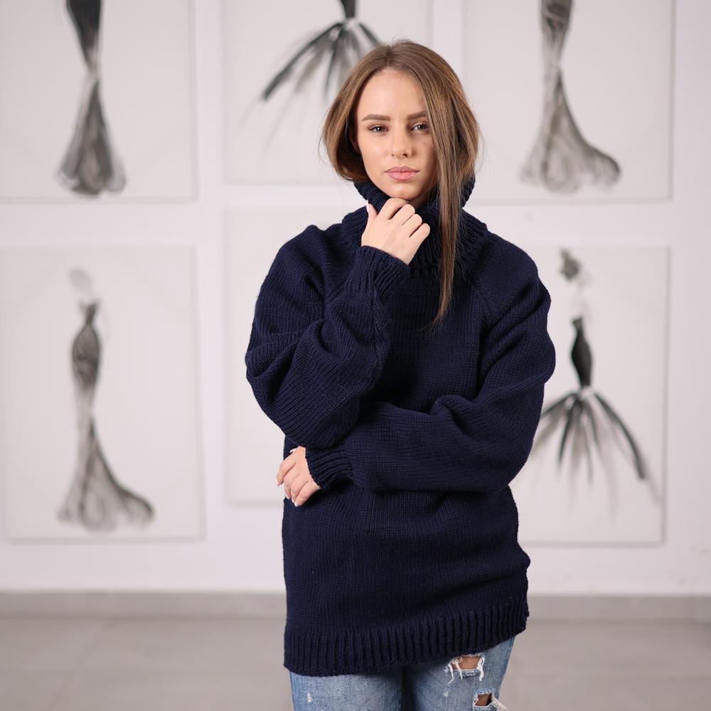 Blue Wool Turtleneck Sweater Handknitted Long-Sleeve Itchy Knit Pullover T2067