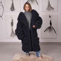 25-Strand Mohair Cardigan with Oversized Collar and Honeycomb Knit Coat T2073