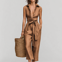 Women's Tobacco Brown Linen Jumpsuit With Self-Tie Waist & Collared V-Neck, Timeless Resort-Casual Style Jumpsuit MDZ0638B5I