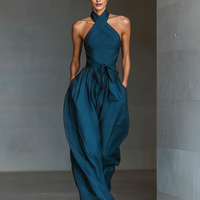 Women's Navy Blue Linen Fabric Cross Halter Wide-Leg Jumpsuit With Tie Waist & Side Pockets MDZ0455B5T