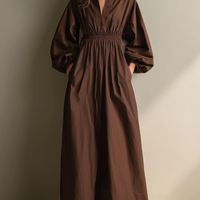 Women's Casual Brown Cotton And Linen V-neck Long-sleeved Maxi Dress With Elastic Waist MDZ1295A0AN