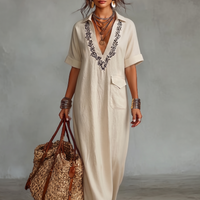 Women's Minimalist Linen Blend Embroidered Short-sleeved Shirt Maxi Dress MDZ0600A1Y