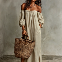 Women's Vacation Cotton-linen Blend Off-shoulder Long-sleeved Maxi Dress MDZ0481B5Y