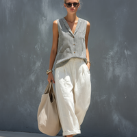 Women's Casual Striped Woven Sleeveless Vest Paired With White Cotton And Linen Trousers Set MDZ2815B5AN