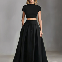 Women's Black Stretch-Knit & Woven Set With Cropped Top & Maxi Dress, Timeless Sleek-Chic Style Set (without Belt) MDZ1412A1I