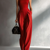Women's Sleek Cotton-Linen Blend Burgundy Sleeveless Turtleneck Wide-Leg Jumpsuit MDA2292L5AU