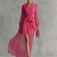 Women's Elegant Rose Pink Pearl Chiffon V-neck Tie-waist Long Dress MDZ1925A7BA