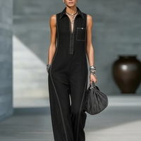 Women's Minimalist Loose-fitting White Trim Sleeveless Jumpsuit MDA3086L9Y
