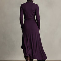 Women's Purple Bohemian Cotton Stretch Turtleneck Asymmetrical Draped Maxi Dress MDA2055J9I