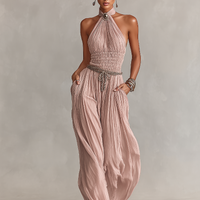 Women's Blush Pleated Jumpsuit With Halter Neck & Ruched Waist, Timeless Romantic-Elegant Style Jumpsuit (without Belt) MDZ1133B7I