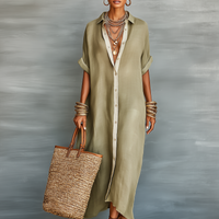 Women's Minimalist Linen Blend Short-sleeved Shirt Maxi Dress MDZ0647A2Y