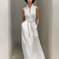 Women's Minimalist Cotton And Linen Blend V-neck Belted Sleeveless Maxi Dress MDZ0803A4Y