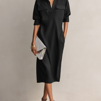 Women's Elegant Black Cotton-linen Blend Shirt Collar Short-sleeved Midi Dress MDZ0455C2AN