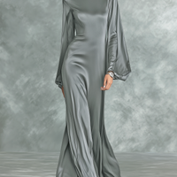 Women's Fashionable Grey Satin High-neck Long-sleeved Loose-fitting Maxi Dress MDZ0690A0AN