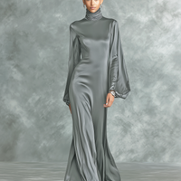 Women's Fashionable Grey Satin High-neck Long-sleeved Loose-fitting Maxi Dress MDZ0690A0AN