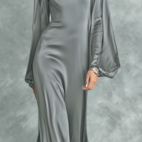 Women's Fashionable Grey Satin High-neck Long-sleeved Loose-fitting Maxi Dress MDZ0690A0AN