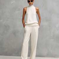 Women's Elegant Black Cotton And Linen Round-neck Sleeveless Top And Trousers Set MDZ1441A4AN