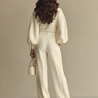 Women's Ivory Textured Set With Ribbed Crew Neck & High-Waisted Bottoms, Modern Sophisticated Style Set MDA2231L6I