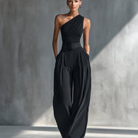Women's Black High-elastic Knit Top And Acetate Wide-leg Pants MDZ1068B3T
