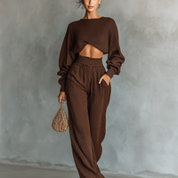 Women's Coffee-colored Short Top And Wide-leg Pants Knitted Set MDA3000G6T