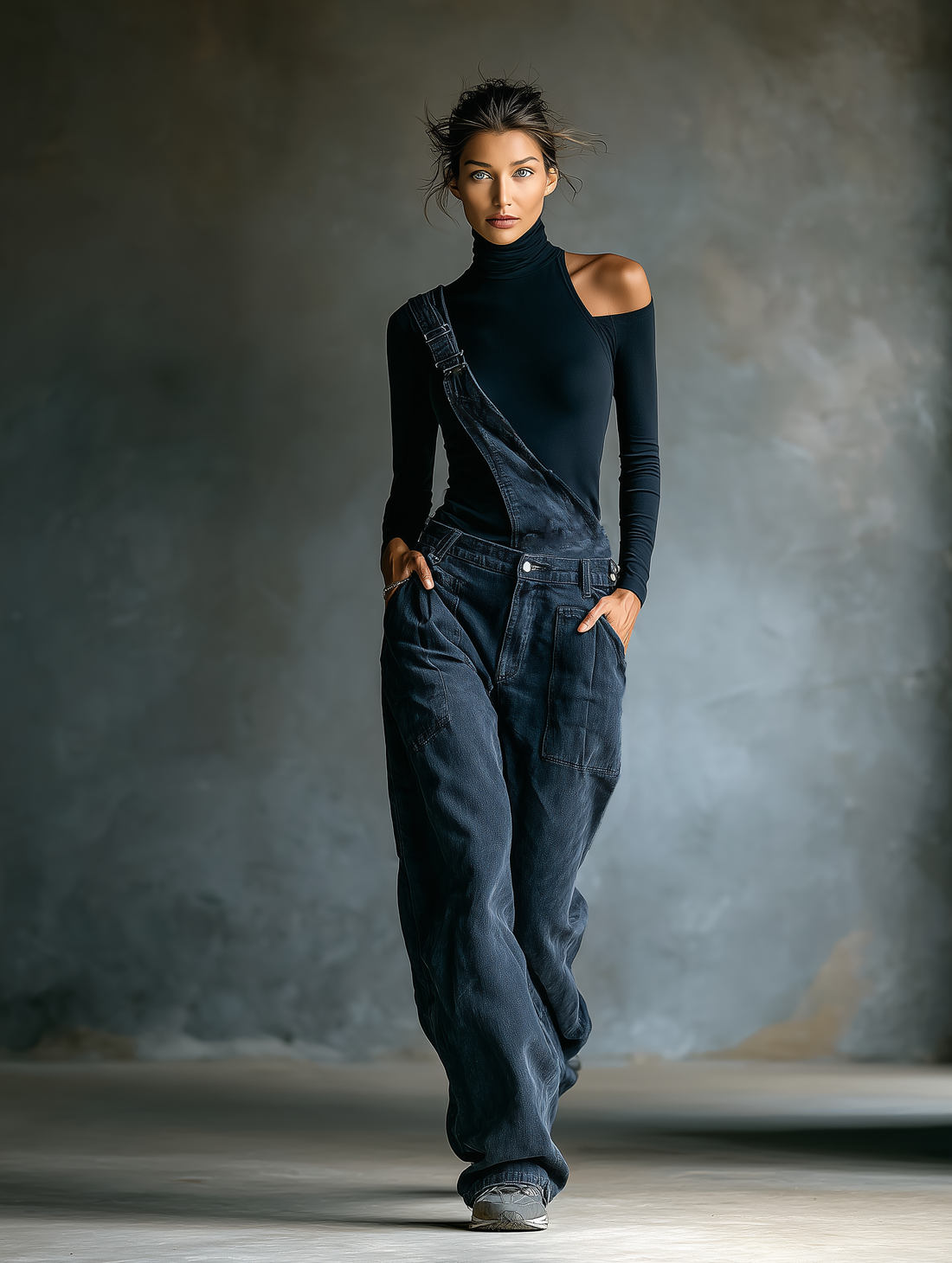 Women’s Blue-black Ribbed Knit Cold Shoulder Turtleneck Fitted Long Sleeve Top MDA3016K6T