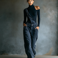 Women’s Blue-black Ribbed Knit Cold Shoulder Turtleneck Fitted Long Sleeve Top MDA3016K6T