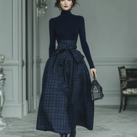 Women’s Navy Plaid High-Waisted Belted Pleated A-Line Midi Skirt MDA2668K7T