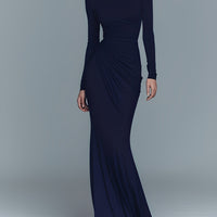 Women's Navy Elegant Stretch Polyester-Cotton Blend Turtleneck Draped Maxi Dress MDA1742J1I