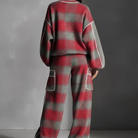 Women's Red And Gray Plaid Brushed Distressed Street Style Color-Blocked Piping Pantsuit Set MDA1065K4I