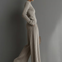 Women's Taupe Elegant Knit Textured Sweater & Wide - Leg Pants Set MDA1453H6I