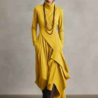 Women's Purple Bohemian Cotton Stretch Turtleneck Asymmetrical Draped Maxi Dress MDA2055J9I