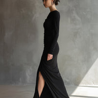 Women's Black Elegant Jersey Off - Shoulder Ruched Slit Maxi Dress MDA2125H9I