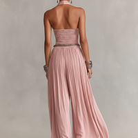 Women's Blush Pleated Jumpsuit With Halter Neck & Ruched Waist, Timeless Romantic-Elegant Style Jumpsuit (without Belt) MDZ1133B7I