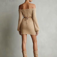 Women's Camel Elegant Fuzzy Knit Off - The - Shoulder Belted Mini Dress MDA0419I2I