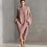 Women's Cream Elegant Faux Mink Knit Asymmetric Slit Midi Dress MDA0245I2I