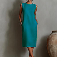 Women's Orange Linen Shift Dress With Sleeveless Round Neck & Side Pockets, Timeless Minimalist-Elegant Style Dress MDZ2851C7I